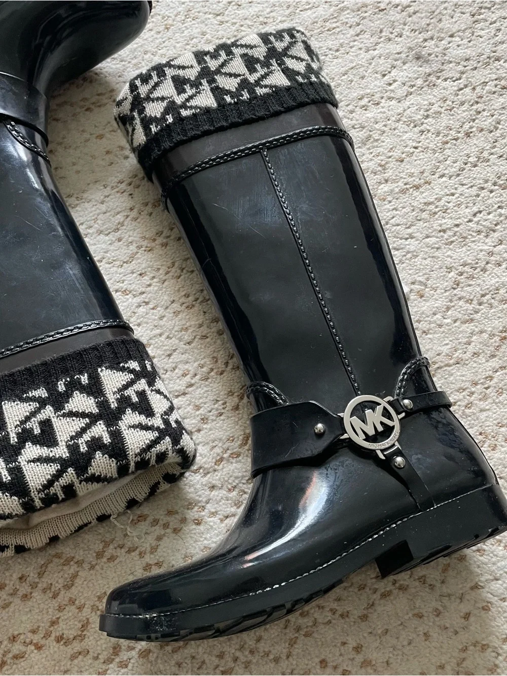 Michael Kors Black Logo-Trim Rain Boots with Knit Cuff